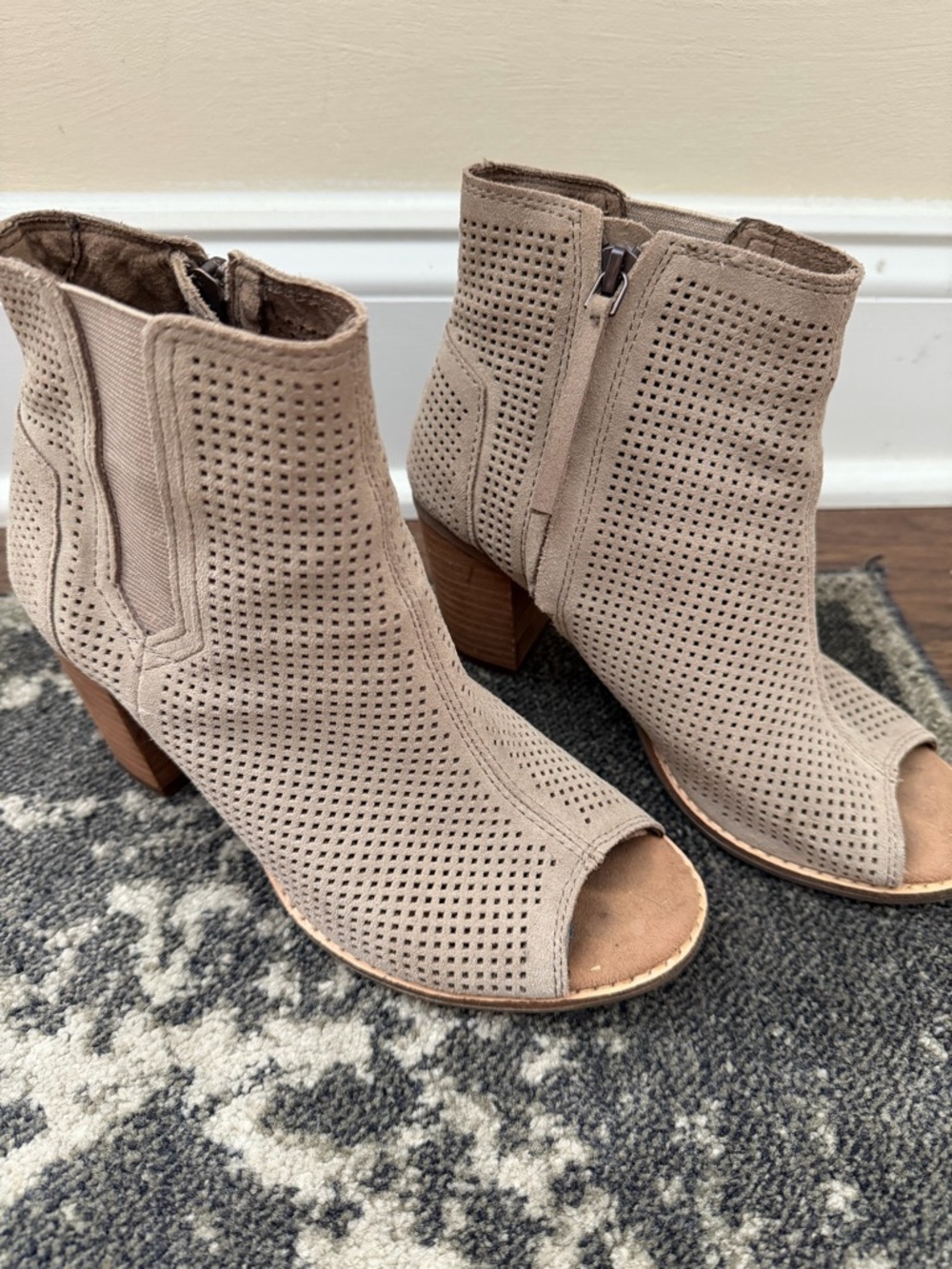 Toms Taupe Perforated Suede Peep-Toe Ankle Booties